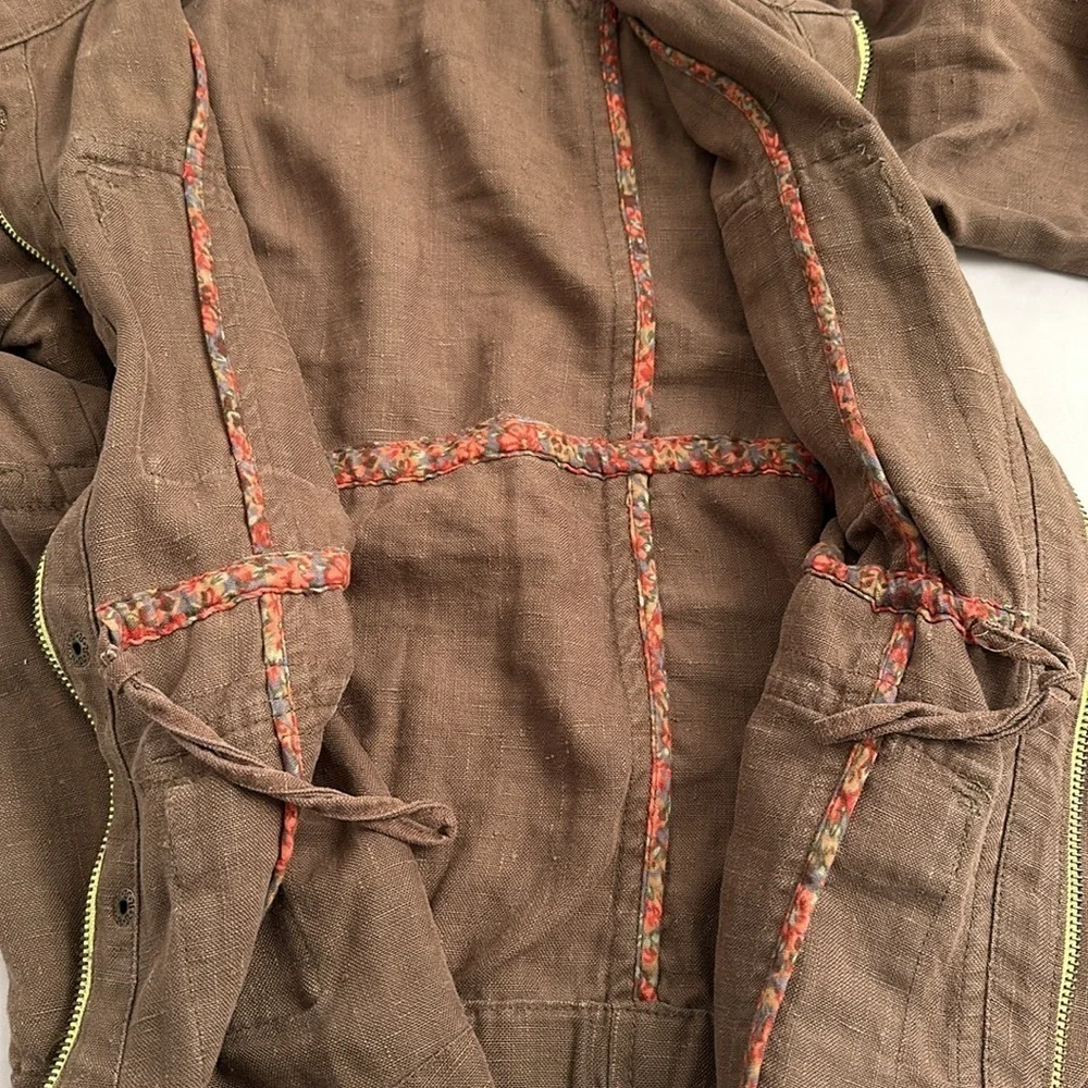Free People olive Military Platoon linen full zip and snap utility jacket